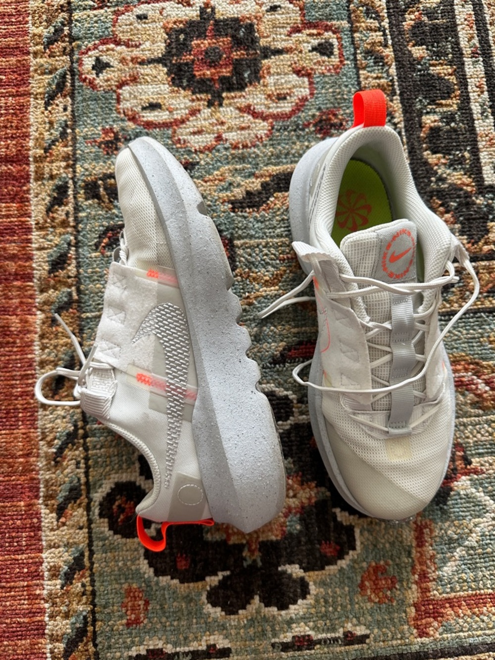 Nike White and Gray Low-Top Sneakers with Neon Coral Accents